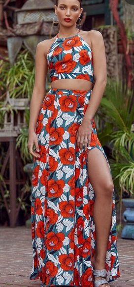Lulus Dresses & Skirts - Lulu's Back To Your Roots Red Floral Two Piece Maxi Dress - Size L